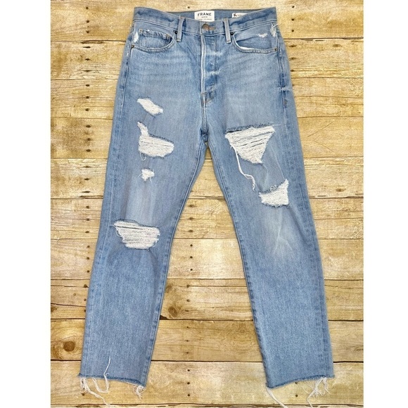 FRAME Denim Le Original Harrah Distressed Straight Leg High Waist Cropped Jean - Picture 4 of 8